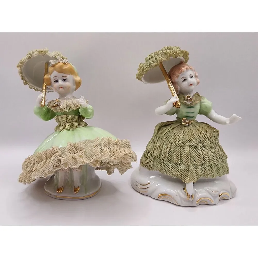 Vintage Porcelain Lace Lady Figurines Pair Green Parasols Wales Japan 5 inches